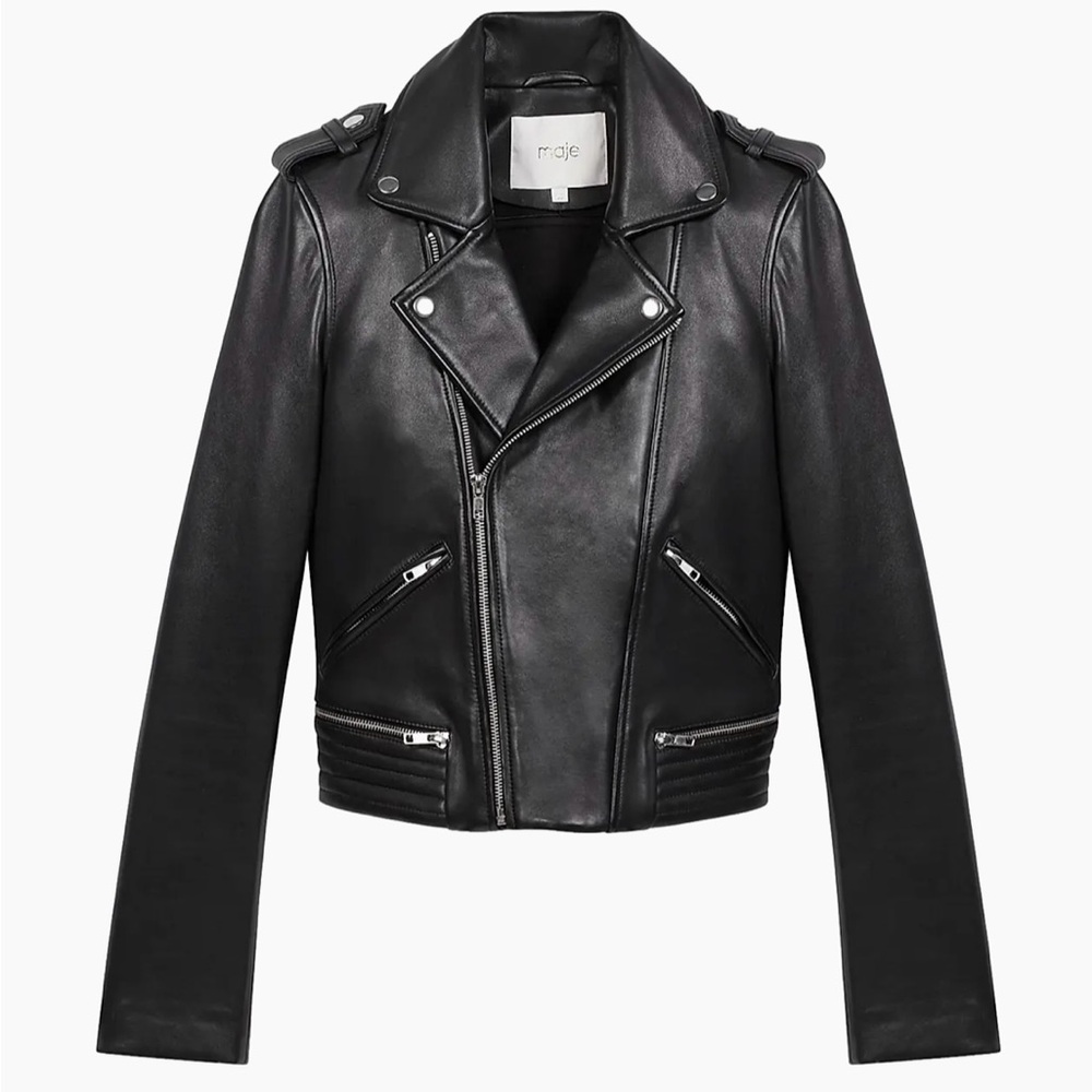 Maje Basaltm Black Leather Biker Jacket Moto Style $675 40 FR US S M L
